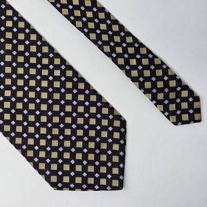 EQUESTRIAN FIRENZE SILK TIE BLUE YELLOW GEOMETRIC FOULARD SATIN 3.75" X 60"